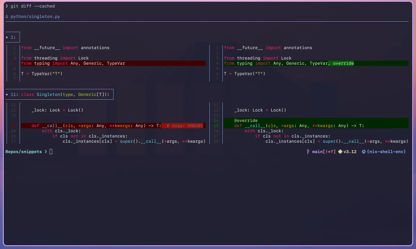 Running git diff --cached to make sure only our chosen changes are staged